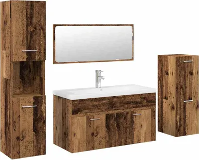 Image de ensemble de meubles de salle de bains 5 pièces imitation vieux bois matériau dérivé du bois
