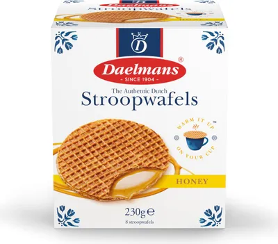Produktbild von Daelmans Honig Stroopwafels in Würfelbox - 8 Waffeln, 230g, Holländische Karamellwaffeln