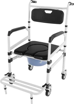 Image de Fauteuil roulant pour douche et toilettes - Chaise de toilette - Réglable en hauteur - 4 roues avec frein - Alliage d'aluminium - Pour lit/toilettes - Capacité de charge 100 kg - Noir