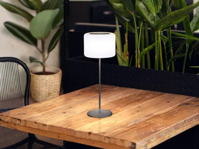 A modern RGB LED solar table lamp sits on a rustic wooden table, with lush green plants in the background.