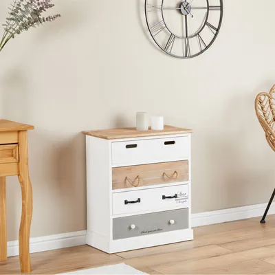 Produktbild von Kommode SALVA mit 4 breiten Schubladen, praktisches Schubladenregal im Vintage Look, Flurkommode in weiß lasiert mit farbigen Schubkästen
