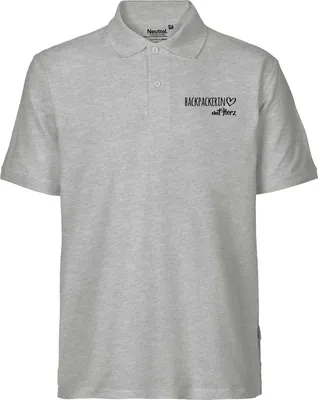 Produktbild von Huuraa Herren Polo Shirt Backpackerin mit Herz XL Sport Grey Bio Baumwolle Fairtrade Poloshirt Geschenkidee