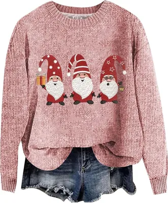 Produktbild von ASKSA Damen Lustige Weihnachtspullover Strickpullover Winter Rundhals Pulli Christmas Sweater Langarm Oberteile Warm Weihnachtspulli,B-Rosa,3XL