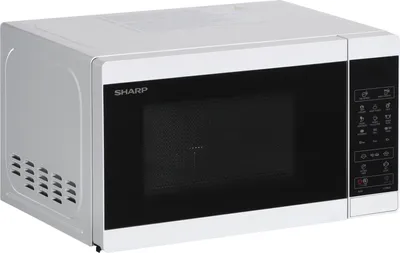 A white Sharp microwave with a black door and control panel is shown from a three-quarter angle against a white background.