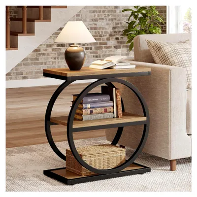 Produktbild von Schmaler Beistelltisch mit 3 Ablagen aus Holz und schwarzem Metallrahmen, industrieller kleiner Tisch für Wohnzimmer und Schlafzimmer