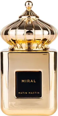 A close-up studio shot of a gold perfume bottle with a decorative cap.