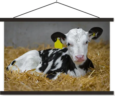 Produktbild von MuchoWow® Textilposter Kuh - Stroh - Kalb - Tier 90x60 cm mit schwarzem Rahmen - Aufhängungssatz