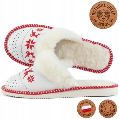 Produktbild von Damen Hausschuhe Tylbut Leder Weiß Schafwolle Winter Motiv Handgefertigt Gr. 41