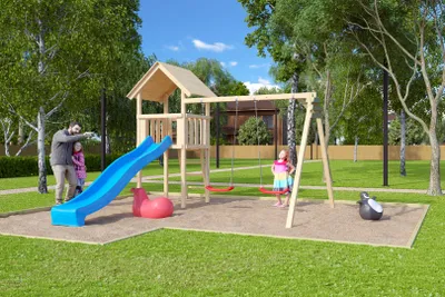 Produktbild von Karibu Spielturm Lotti Satteldach  mit Rutsche blau und Doppelschaukel