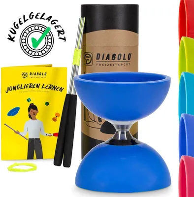 A product shot of a blue diabolo set with accompanying items and packaging.