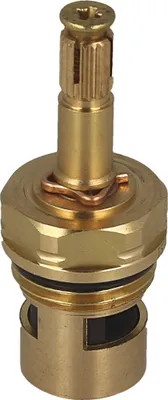 A close-up studio shot of a brass faucet valve stem.