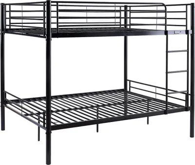 A black metal bunk bed with a ladder, shown against a white background.