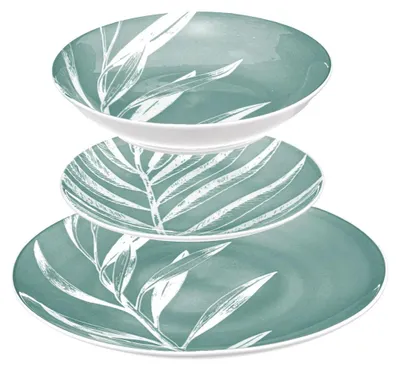 A stack of three teal-colored plates and bowls with white leaf patterns, presented against a white background.