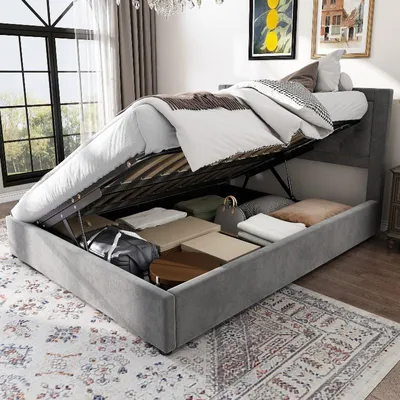 Immagine prodotto di Letto imbottito 140x200 cm, grigio, in acciaio con rivestimento in velluto, con contenitore e rete a listelli, ideale per la camera da letto