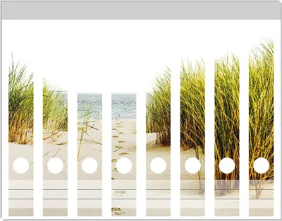 Produktbild von Wallario Ordnerrücken Sticker, selbstklebend für schmale Ordner, 8 Stück, Motiv Spuren im Sand- Fußspuren durch die Düne zum Meer