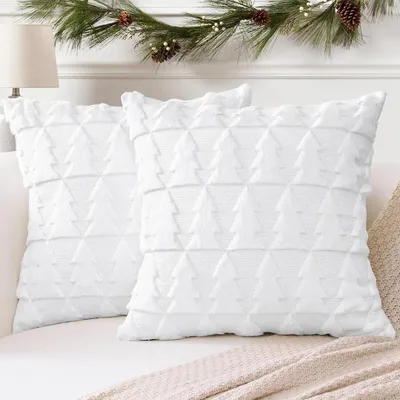 Obrázok produktu pre Sada dvoch obliečok na vankúše, materiál: vlnený plyš, rozmer: 40x40 cm, farba: biela, motív: vianočný stromček