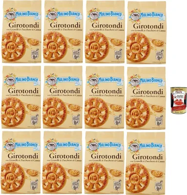 Produktbild von Mulino Bianco Girotondi Biscotti con Granelli di Zucchero di Canna, Kekse mit Zuckerzuckerkörnern, Ohne Palmöl, Frühstück voller Geschmack, buscits cookies 12x 350 g + Italian Gourmet polpa 400 g