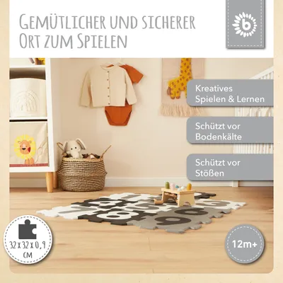 Produktbild von Bieco Puzzlematte, 26 tlg. | Spielmatte Baby | XXL Puzzle Kinder | Krabbeldecke Baby Spielmatte Kinder| Turnmatte Kinder | Kinder Teppiche | Krabbelmatte Baby | Buchstaben Lernen | Spielteppich jungen