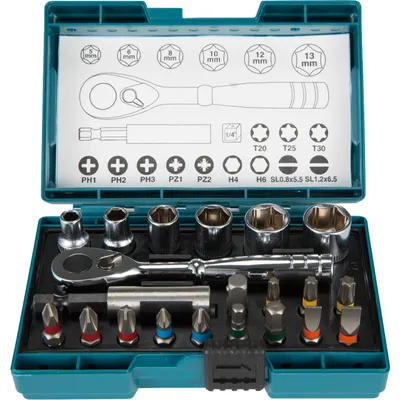 Image de Makita - Set embout de tournevis et cliquet - 21 pièces - torx, phillips, pozidriv, hex - 5 mm, 6 mm, 8 mm, 10 mm, 12 mm, 13 mm - Longueur : 25 mm
