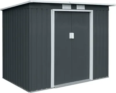 Immagine prodotto di Capanno da giardino P100 con tetto a falda, dimensioni 213x130x173 cm, dotato di 2 porte scorrevoli, griglie di ventilazione e struttura in metallo, colore grigio/antracite, realizzato in acciaio zincato