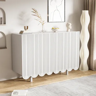 Produktbild von MODFU Kommode Sideboard in ropfenförm mit 4 geformten Türen, Schrank Buffet für Wohnzimmer, Schlafzimmer, Kinderzimmer, Jugendzimmer und Büro, Weiß