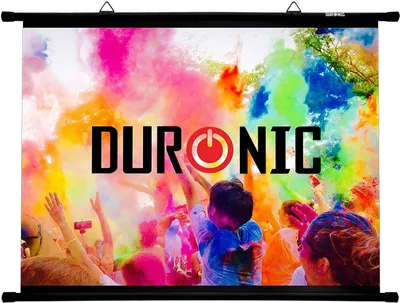 A group of people celebrating with colored powder in the air, with a projection screen in the foreground displaying the Duronic logo.