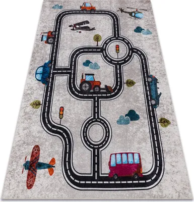 A children's rug with a road map design featuring various vehicles and traffic elements.