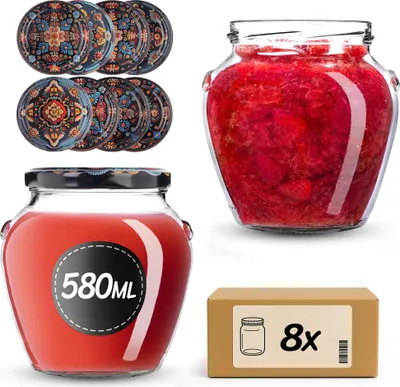 Productafbeelding van KADAX Inmaakpotten, 580 ml, met schroefdeksel, diameter 82 mm. Schroefpotten met deksel, honingpotten, inmaakpotten voor het inmaken van honing, fruit en groenten, jam potten (met kleurrijke bloemen, 8 stuks)