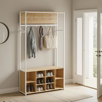 Produktbild von VASAGLE Kleiderständer, Garderobe mit Schuhregal, mit Haken und verstellbaren Ablagen, Industrie-Stil, goldeichenfarben-weiß