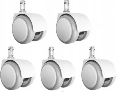 A collage of five white and gray casters for furniture.