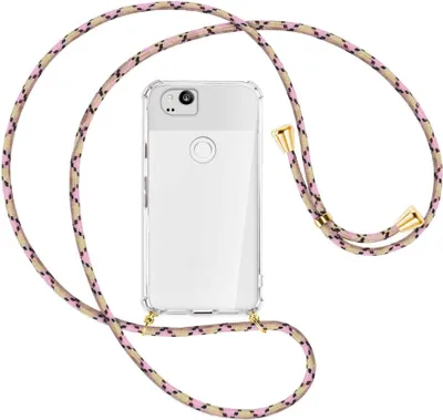Produktbild von Handykette Backcover-Schutzhülle mit Band (Metall goldfarben) für Google Pixel 2 XL - rosa Karo