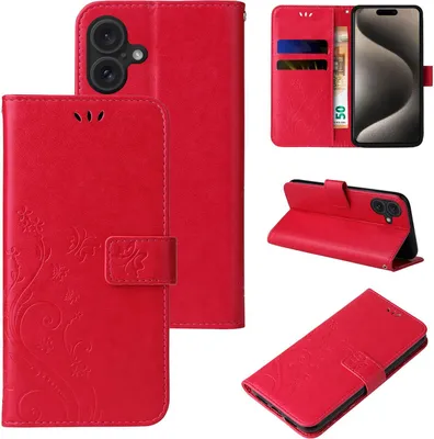 Produktbild von Handyhülle für Apple iPhone 16 Floral Blumen Schmetterling Flip Cover Hülle Case Klapphülle Handytasche Farbe: Rot