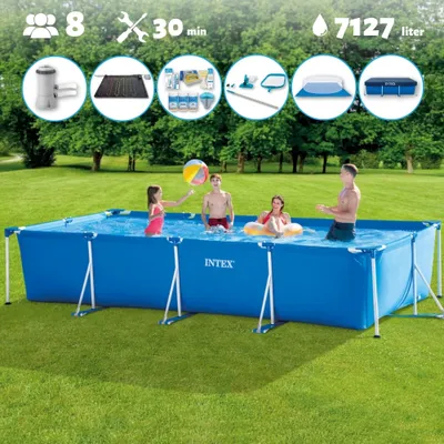 Produktbild von Intex-Schwimmbecken mit rechteckigem Rahmen – 450 x 220 x 84 cm – Blau – im Lieferumfang enthalten Abdeckung - Bodenplane - Filterpumpe für Schwimmbad - Solarmatte - Wartungspaket - Reinigungskit