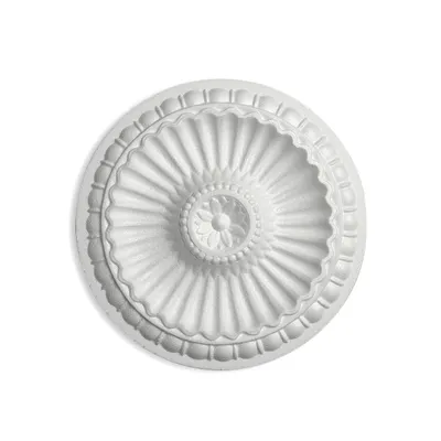 A white decorative ceiling rosette with a floral pattern.