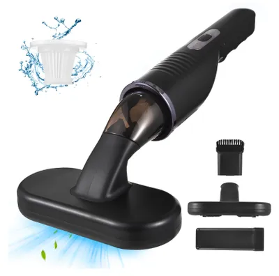 A black handheld vacuum cleaner with various attachments is displayed against a white background, with a filter and water splashes shown in the upper left corner.