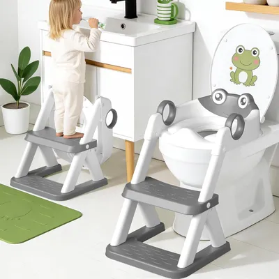 Imagen del producto de Asiento de inodoro 2 en 1 para niños pequeños - Alfombrilla suave e impermeable - Escalera de apoyo antideslizante - Gris