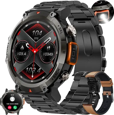Produktbild von Herren-Smartwatch mit Telefonfunktion, 1,45 Zoll Touchscreen 5ATM mit Blutdruckmessgerät, SpO2, Taschenlampe, 123 Sportmodi für Android iOS