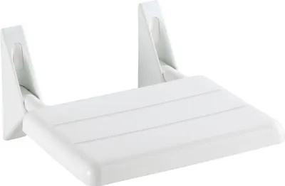 A white folding shower seat mounted on a white background.
