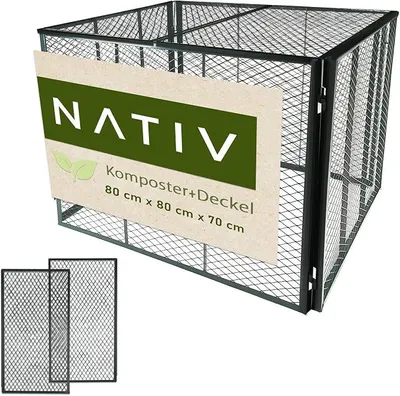 Immagine prodotto di Compostiera da giardino verde, dimensioni 80x80x70 cm, con coperchio. Compostiera in metallo con un volume di 448 litri, ideale per produrre il proprio compost. La compostiera in metallo può anche essere utilizzata come setaccio per il compost