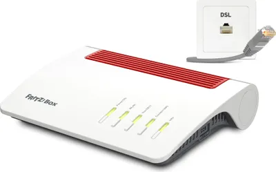 A white FRITZ!Box router with red accents is shown on a white background, with a DSL wall socket and cable in the background.