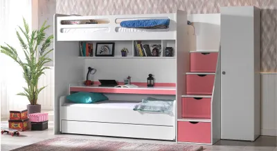 Produktbild von Hochbett-Set Smarti 4-teilig mit 3 Schlafplätzen Pink - mit Schrank