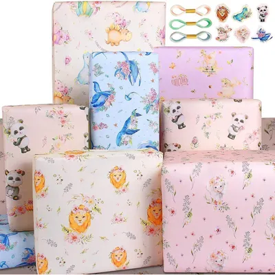 Produktbild von Geschenkpapier Set Tiere für Baby Junge Mädchen Geburtstag Kinder 5 Designs 50x70cm