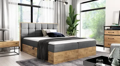 A modern bedroom with a large window, a bed, a nightstand, and a dresser.