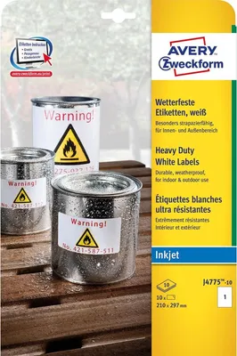 Obrázok produktu pre Avery J4775 - Polyesteretiketten - weiß - A4 (210 x 297 mm) - 10 Stck. (10 Bogen x 1) (J4775-10)