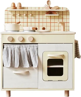 A wooden toy kitchen with accessories, set against a plain background.
