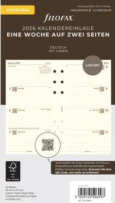 Produktbild von FILOFAX Kalendereinlage 2026 - Personal - 1 Woche = 2 Seiten - Baumwolle creme - deutsch - 26-68458