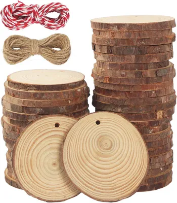 Imagen del producto de Posavasos de madera con agujero y cinta de yute, 40 unidades, de 7-8 cm, para manualidades y decoración
