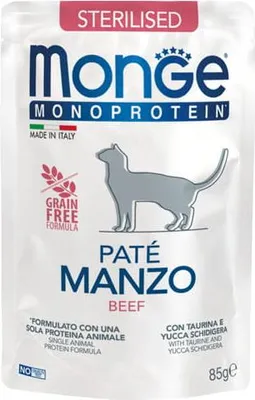 Productafbeelding van Monge Cat Gesteriliseerde Kattenvoer, Monoproteïne, Paté met Rundvlees, 85g