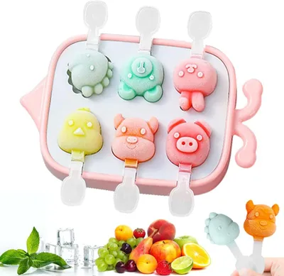 Produktbild von Eisformen - 6 Eiswürfelformen - Silikon-Eisformen mit Stiel - Eiswürfelformen für Babys - Kinder und Erwachsene (Tierformen)