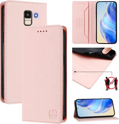 Obrázek produktu pro Kožené pouzdro pro Samsung Galaxy J6 2018, flipové pouzdro s přihrádkami na karty, peněženkou a stojánkem Růžový